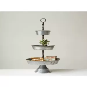 3R Studios Metal Silver 3-Tier Galvanized Tray with Handle