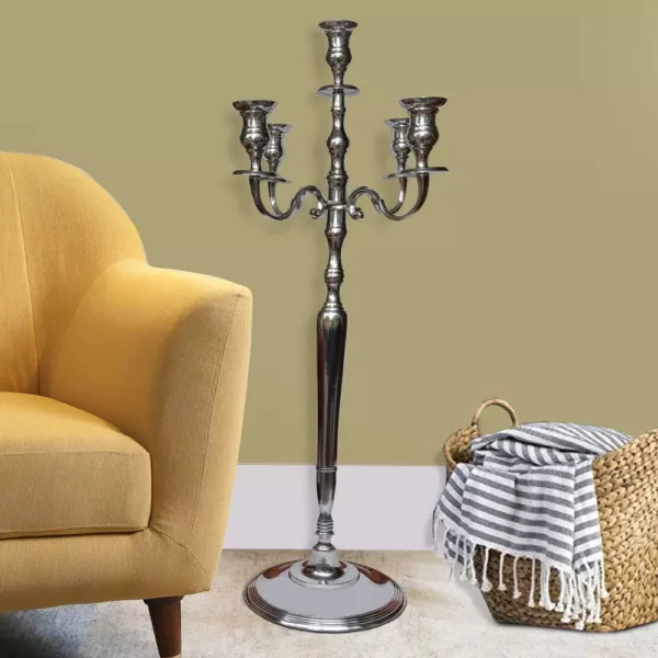 Benjara 48 Inches Silver Handcrafted 5 Arms Aluminum Candelabra with Fluted Top