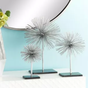 LITTON LANE Round Iron Metal Silver Starburst Sculptures with Stand (Set of 3)