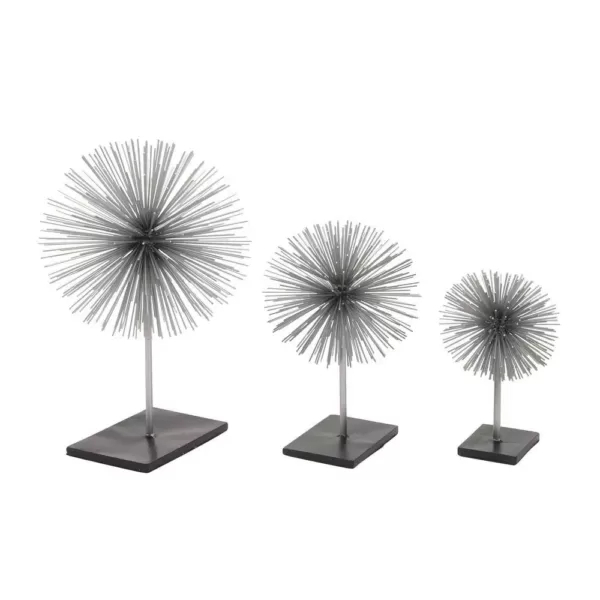 LITTON LANE Round Iron Metal Silver Starburst Sculptures with Stand (Set of 3)