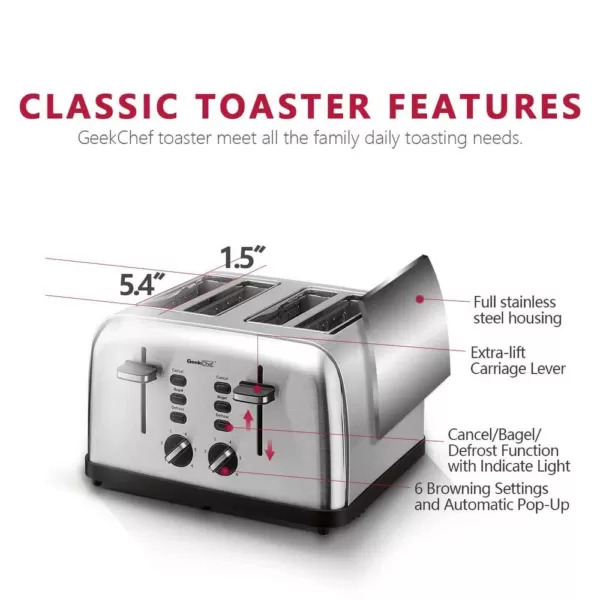 Boyel Living 1500 W 4-Slice Silver Wide Slot Toaster with Dual Control Panels