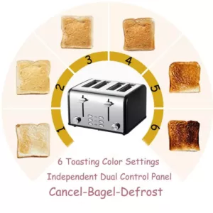 Boyel Living 1650 W 4-Slice Silver Wide Slot Toaster with Dual Control Panels of Bagel, Defrost and Cancel Function