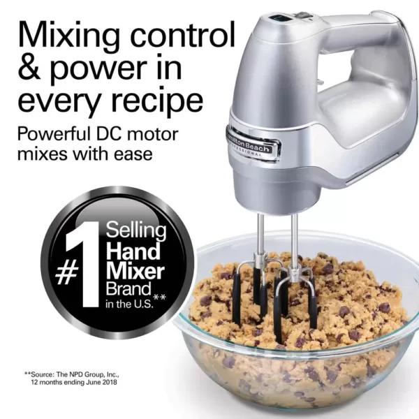 Hamilton Beach 7-Speed Electric Hand Mixer, Silver and Chrome, with SoftScrape Beaters, Whisk, Dough Hooks and Snap-On Storage Case