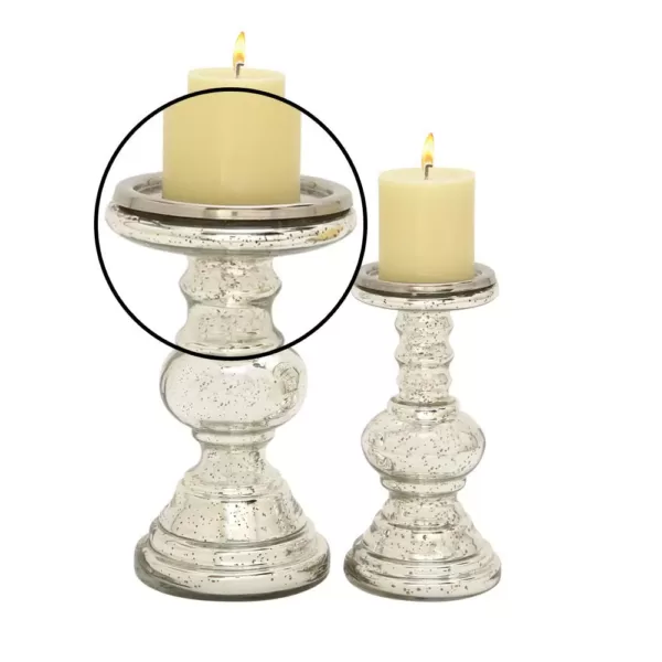 LITTON LANE Silver Glass Squat Ball Column Candle Holders (Set of 2)