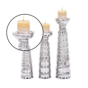 LITTON LANE Contemporary Silver-Finished Ceramic Candle Holders (Set of 3)