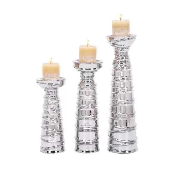 LITTON LANE Contemporary Silver-Finished Ceramic Candle Holders (Set of 3)