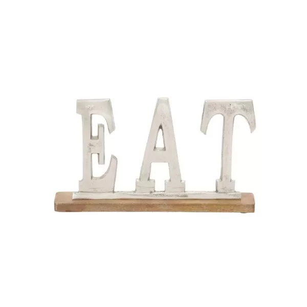 LITTON LANE 14 in. Silver Aluminum and Oak Brown Wood EAT Standing Sign