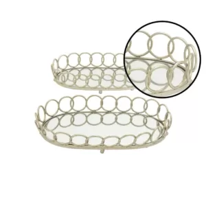 LITTON LANE Modern Silver Decorative Oval Ring Mirror Trays (Set of 2)