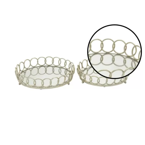 LITTON LANE Modern Silver Decorative Round Ring Mirror Trays (Set of 2)