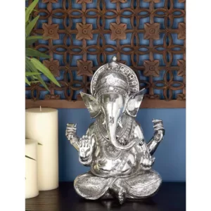 LITTON LANE 16 in. X 12 in. Antique Silver Sitting Ganesh Sculpture with Patterned Detailing