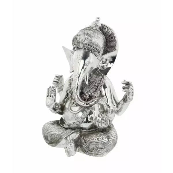 LITTON LANE 16 in. X 12 in. Antique Silver Sitting Ganesh Sculpture with Patterned Detailing