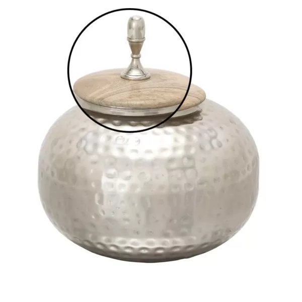 LITTON LANE 12 in. Silver Iron Urn-Type Squat Round Jar with Circular Oak Brown Wood Lid