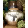 LITTON LANE 12 in. Silver Iron Urn-Type Squat Round Jar with Circular Oak Brown Wood Lid