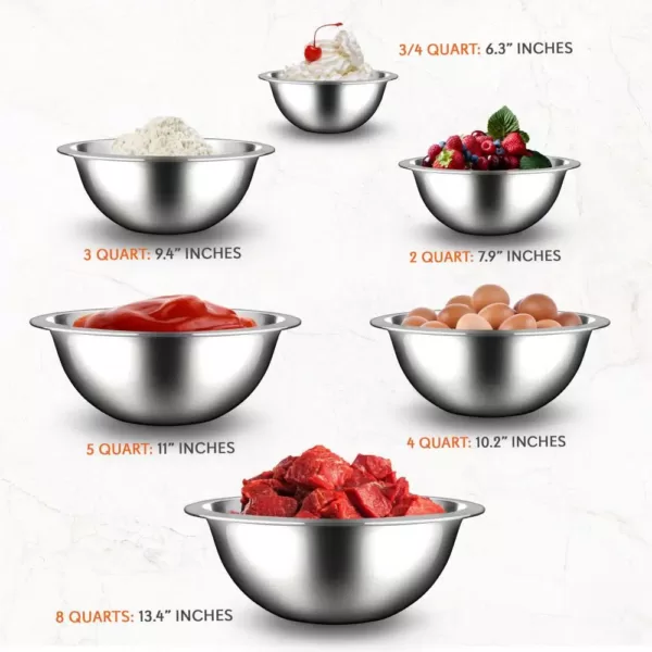 NutriChef 6-Piece Stainless Steel Kitchen Mixing Bowls Set