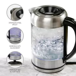 Ovente 7-Cup 1.7 l Silver Glass Electric Kettle with ProntoFill Technology-Fill Up with Lid On