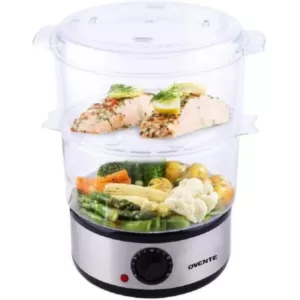 Ovente 20-Cup Silver 2-Tier Food Steamer with Stainless Steel Base and Plastic Containers