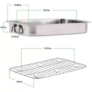 Ovente 13 in. x 9.3 in. Dishwasher-Safe Stainless Steel Roasting Pan with Wire Rack and Handles