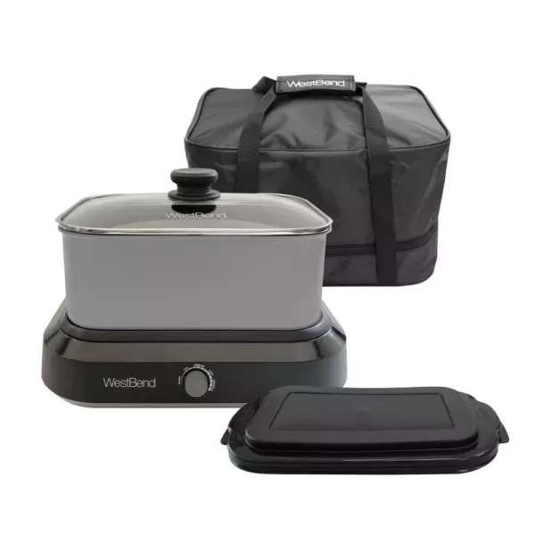 West Bend 5 qt. Silver Non-Stick Versatility Slow Cooker with 5-Temperature Settings Includes Travel Lid and Thermal Tote