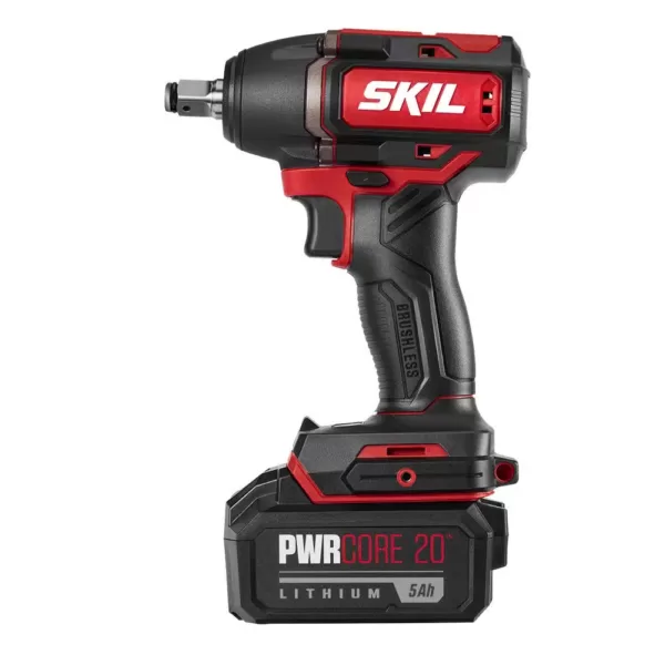 Skil PWRCore Brushless 20-Volt Cordless 1/2 in. Impact Wrench Kit w/5.0Ah Lithium-Ion Battery, PWRAsst USB Adapter & Charger