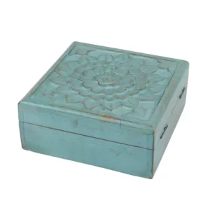 Stonebriar Collection 6 in. x 2.5 in. Weathered Sky Blue Wooden Box with Hinges and Carved Floral Design