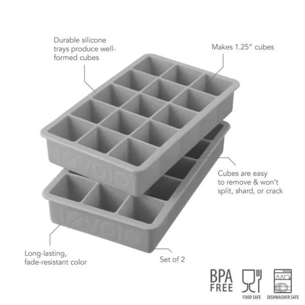 Spectrum Perfect Cube Silicone Ice Mold Freezer Tray 1.25 Cubes for Whiskey, Bourbon, Spirits & Liquor, 2-Piece Set, Oyster Gray