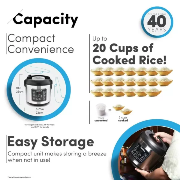 AROMA 20-Cup Silver Rice Cooker with Food Steamer and Slow Cooker Functions