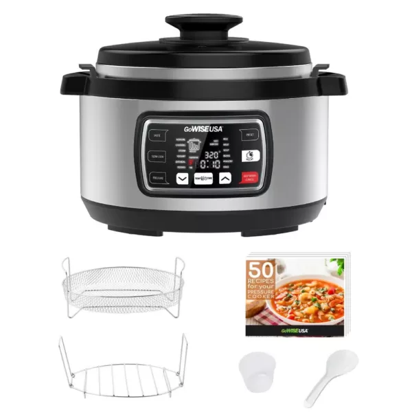 GoWISE USA Ovate 8.5 Qt. Stainless Steel Electric Pressure Cooker Oval with Accessories and 50-Recipes