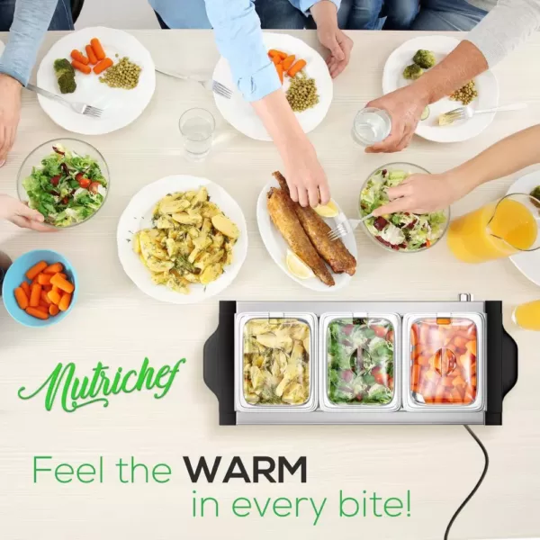 NutriChef 21.9 in. Stainless Steel Electric Food Warming Tray Buffet Server Hot Plate Food Warmer (3-Plate Tray Style)