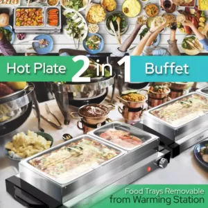 NutriChef 21.9 in. Stainless Steel Electric Food Warming Tray Buffet Server Hot Plate Food Warmer (Dual Plate Tray Style)