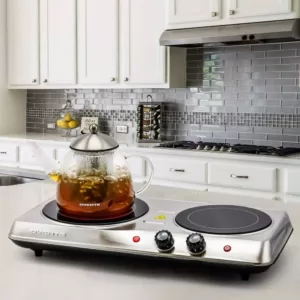 Ovente 6.5 in. and 7 in. Silver Double Hot Plate Electric Glass Infrared Stove, 1700-Watt