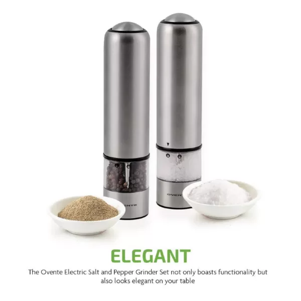 Ovente Stainless Steel with Ceramic Blades Electric Salt and Pepper Grinder Set, 6 AAA Battery Operated