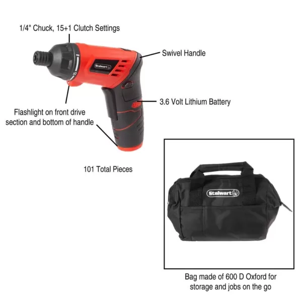 Stalwart 3.6-Volt Lithium-Ion Cordless 1/4 in. Electric Screwdriver (101-Piece)