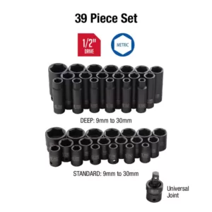 SUNEX TOOLS 1/2-in. Drive Metric Impact Socket Set (39-Piece)