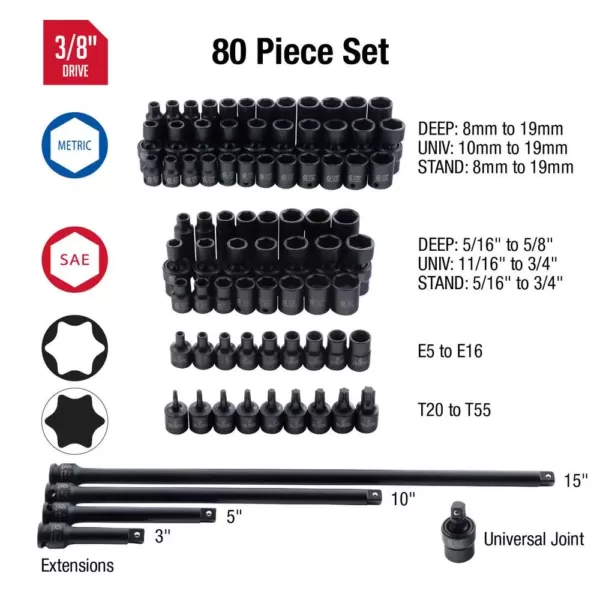 SUNEX TOOLS 3/8 in. Drive Master Impact Socket Set (80-Piece)