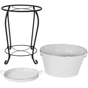 Sunnydaze Decor White Steel Ice Bucket Beverage Holder with Stand and Tray