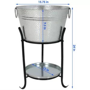 Sunnydaze Decor Pebbled Galvanized Steel Ice Bucket Drink Cooler with Stand and Tray