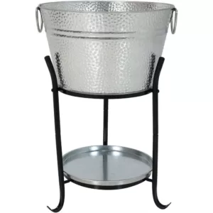 Sunnydaze Decor Pebbled Galvanized Steel Ice Bucket Drink Cooler with Stand and Tray