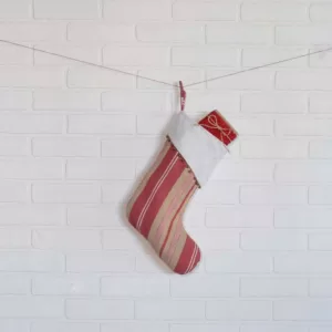 VHC Brands 15 in. 100% Cotton Vintage Stripe Candy Apple Red Farmhouse Christmas Decor Stocking