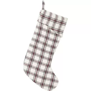 VHC Brands 20 in. 100% Cotton Amory Ivory White Farmhouse Christmas Decor Plaid Stocking