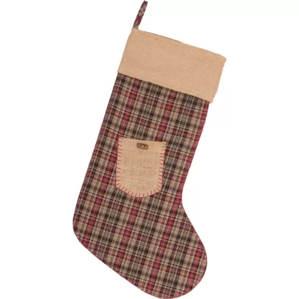 VHC Brands 20 in. Cotton/Jute Clement Deep Red Rustic Christmas Decor Pocket Stocking