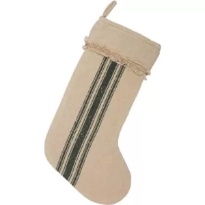 VHC Brands 20 in. Cotton Green Vintage Burlap Stripe Farmhouse Christmas Decor Stocking