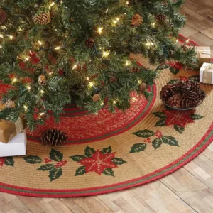 VHC Brands 50 in. Poinsettia Natural Tan Holiday Christmas Decor Jute Tree Skirt