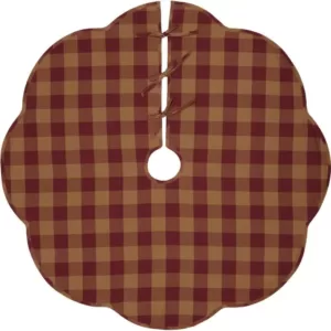 VHC Brands 48 in. Burgundy Check Red Primitive Christmas Decor Scalloped Tree Skirt