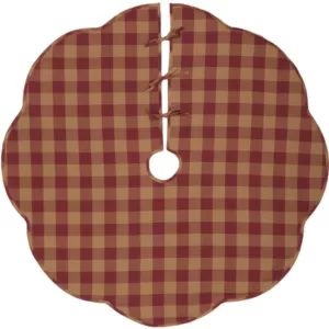 VHC Brands 55 in. Burgundy Check Red Primitive Christmas Decor Scalloped Tree Skirt