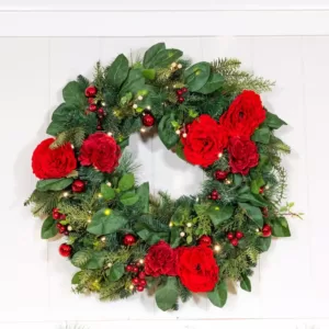 Village Lighting Company 30 in. Pre-Lit LED Red Peonies and Berry Wreath