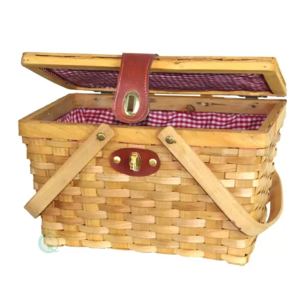 Vintiquewise 12.5 in. x 7.5 in. x 7.5 in. Picnic Basket Gingham Lined with Folding Handles