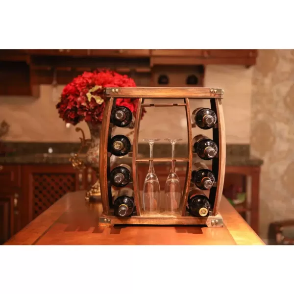 Vintiquewise Decorative Wooden 8-Bottle Rustic Wine Rack with Glasses Holder