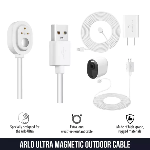 Wasserstein Arlo Ultra/Ultra 2 and Pro 3/Pro 4 Outdoor 25ft. Magnetic Charging Cable with Quick Charge Power Adapter (2-Pack, White)