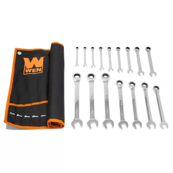 WEN Professional-Grade Ratcheting Metric Combination Wrench Set with Storage Pouch (16-Piece)