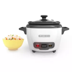 BLACK+DECKER 3-Cup White Rice Cooker with Steaming Basket and Non-Stick Pot